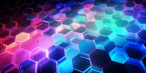 abstract background with neon glowing hexagons.
