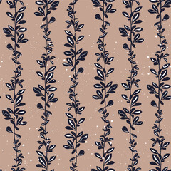 Seamless pattern with climber plant. Foliage design on a beige background. Vector botanical illustration.