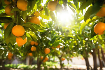 The background of the sunshine shining on orange fruit trees produced in a rich farm. A farmer concept suitable for agriculture and fruits.