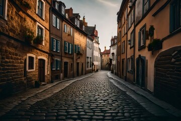 Cobblestone street in a charming old town with historic buildings - AI Generative