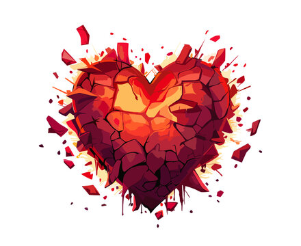 Red hot heart shattering into pieces. Cartoon vector illustration