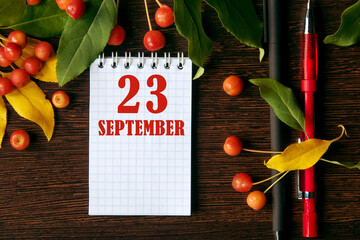 calendar date on wooden dark desktop background with autumn leaves and small apples. September 23...