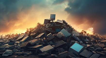 a pile of electronic computer waste on the ground - obrazy, fototapety, plakaty