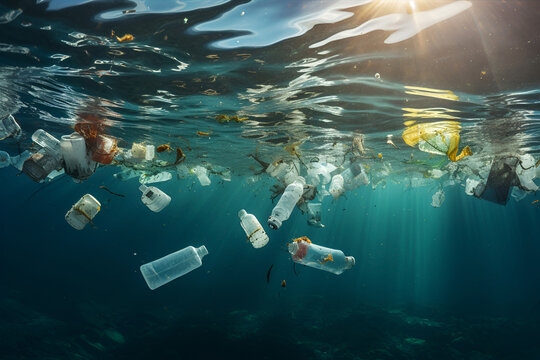 Plastic rubbish pollution in ocean environment, underwater view