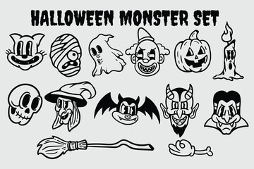 set bundle vintage cartoon halloween monsters