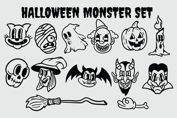 set bundle vintage cartoon halloween monsters © reza
