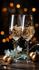 Sparkling Wine Flutes with Gold Accents. Dark and Moody Vignette.