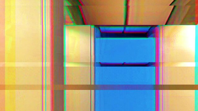 Cyberpunk video art. Abstract footage with noise and glitch effect. Animated photos of architectural structures. Vj loop club animation. Motion graphic design.	