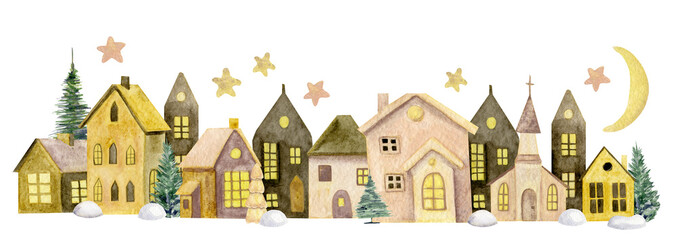 Christmas Town. Winter Town. Winter House. Christmas Composition. Merry Christmas. Watercolor Illustration