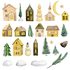 Christmas Town. Winter Town. Winter House. Merry Christmas. Watercolor Illustration