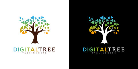 Vector nature tree illustration logo, pixel symbol, digital logo vector design template