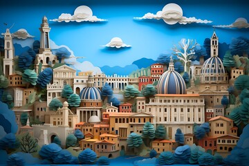 Multi-Dimensional Paper Quilling of Italian City with Auspicious Clouds, Pastel Tones, Ravine Stream, Boat, Pine Trees, Mountain Range, Ancient Buildings, on Blue Background, Generative AI