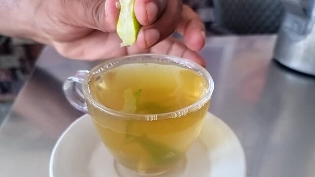 fresh raw green tea leaf flower bud lemon orange slice transparent glass teacup saucer liquid tea on white background top view 420fps slow motion