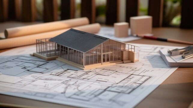 Mini modern house on blueprint architect concept