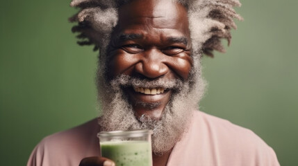 Happy senior Afro man with a green smoothie in a studio green background. Generative AI