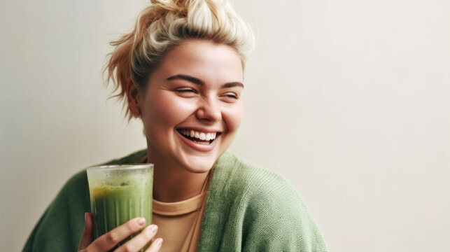 Joyful blond woman holds a healthy green drink in a well-lit studio. Generative AI