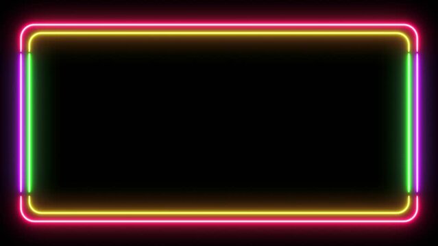 3D rendering of an abstract bright neon frame. Luminous neon line of a rectangular path. Web Background Laser Show. Neon rounded parallelogram frame with blink effects on dark background. Empty glow