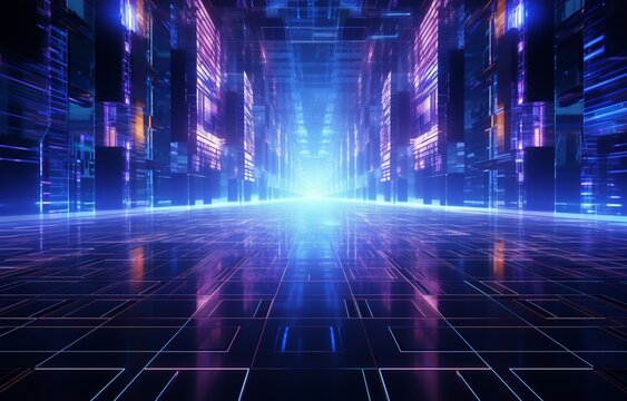 Abstract futuristic technological background with network, huge data, server, internet, and speed lines. into a tunnel of modern technology, abstract neon lights. Generative AI