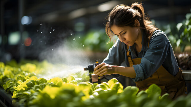 Female farmer spraying water on crops at greenhouse during day