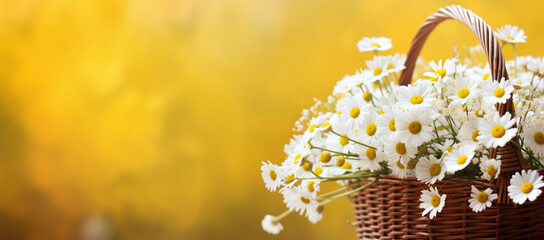 wicker basket with white flowers isolated on yellow background with copy space