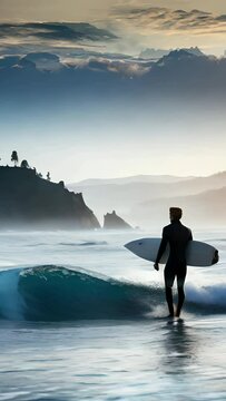Silhouette of surfer with surfboard, ocean wave background, Seamless Animation Video Background in 4K Resolution.