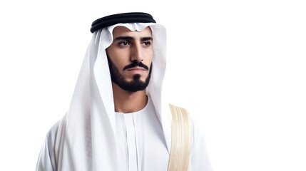 Obraz premium Proud Arab middle eastern Saudi man in traditional. Excited fun man. Isolated on Transparent background.
