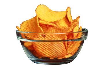 Potato chips in glass bowl isolated on a white background or transparent background, Potato chips isolated