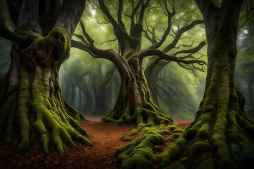 Create a serene image that captures the timeless beauty of slow-growing trees, their gnarled branches and weathered bark bearing witness to the passage of centuries, in a tranquil forest untouched 