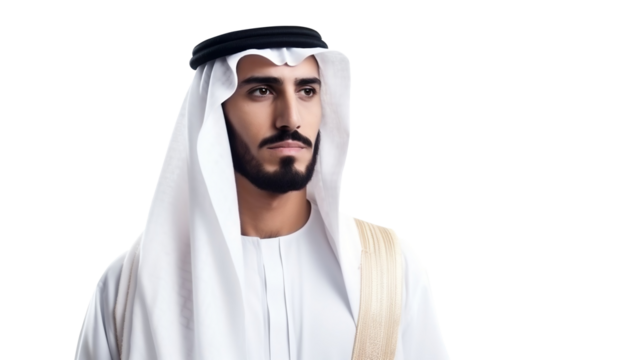 Proud Arab middle eastern Saudi man in traditional. Excited fun man. Isolated on Transparent background.