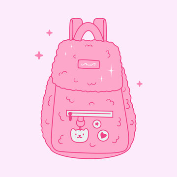 Plush girly backpack with keychain and badges in y2k pink style. Cute school bag for teen girl of 00s. Glamour princess accessory. Flyffy female bag