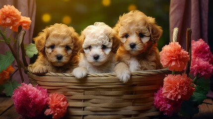 Puppies sitting in a basket. cute adorable pets puppies. Animal care. Love and friendship.