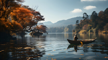 Person rowing on a calm lake in autumn, small boat with serene water around - obrazy, fototapety, plakaty