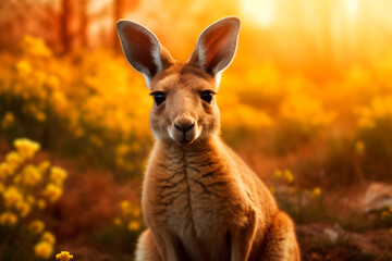 A beautiful kangaroo in the savannah. Portrait of an animal in its environment