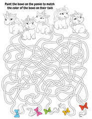 Fototapeta na wymiar Children logic game to pass maze. Paint the bows on the ponies to match the color of the bows on their tails. Educational game for kids. Attention task. Choose right path. Funny cartoon character