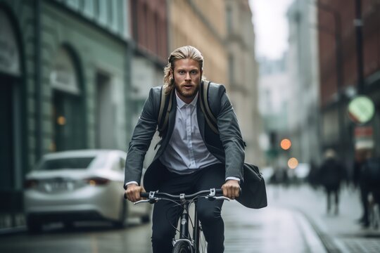A young Scandinavian man riding a bicycle on a road in a city street. Cycling commuter. Blurry urban background.