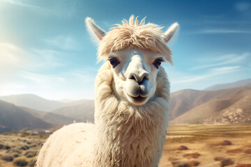 Obraz premium Beautiful alpaca in the mountains. Portrait of an animal in its environment