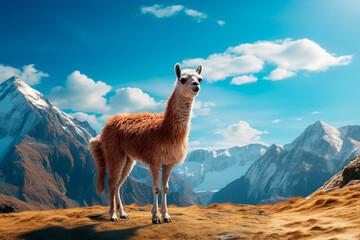 Cute llama in the mountains. Alpaca in the valley on the background of the mountains.