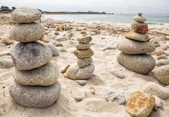 Rock towers on Spanish Beach, California coast.