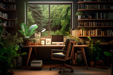 Fototapeta premium A very cozy home office with a desk and bookshelves, green plants. Harmony in work