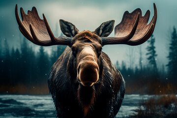 Moose in the forest. Animal in the natural environment. Portrait of a moose with big horns. - obrazy, fototapety, plakaty