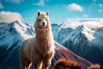 Foto op Plexiglas Cute llama in the mountains. Alpaca in the valley on the background of the mountains. © Uliana