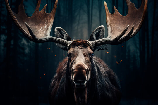 Moose in the forest. Animal in the natural environment. Portrait of a moose with big horns.
