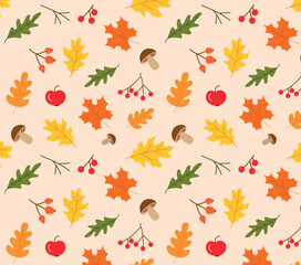Autumn seamless pattern with different leaves, mushrooms, berries