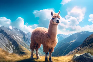 Keuken foto achterwand Lama Cute llama in the mountains. Alpaca in the valley on the background of the mountains.