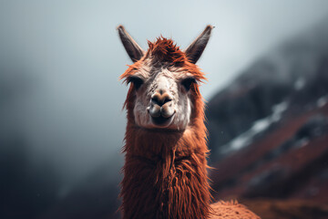 Cute llama in the mountains. Alpaca in the valley on the background of the mountains. - obrazy, fototapety, plakaty