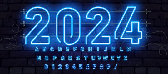Neon Light 2024 Number Against Dark Blue Background For Happy New Year Concept.