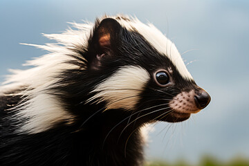 Skunk in the forest. Animal in the natural environment. Portrait of a beautiful skunk.