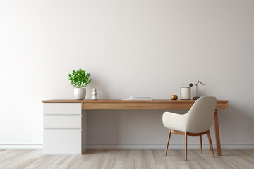 Minimalist home office. A desk with a computer and an armchair. Harmony in work