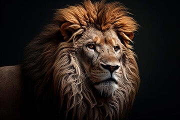 A beautiful Lion with a big mane in the savannah. Portrait of an animal. King of animals.