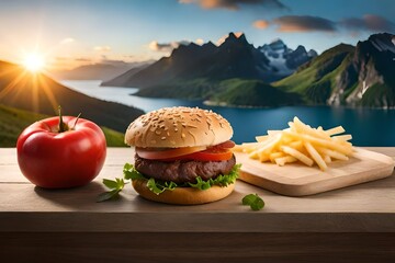 hamburger and fries on the top of the mountain